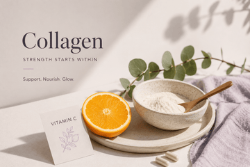 Minimalist still life featuring collagen powder, fresh orange for vitamin C, and soft lavender accents on a neutral background.