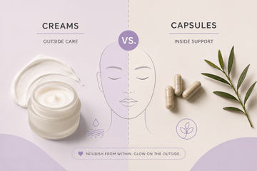 Minimal skincare graphic comparing creams vs capsules for outer care and inner support, with botanicals and purple accents.