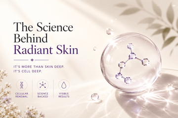 Premium skincare banner featuring a glowing molecular sphere with floating droplets on a soft cream background, with the headline “The Science Behind Radiant Skin” and the message “It’s More Than Skin Deep. It’s Cell Deep.” in elegant purple typography.