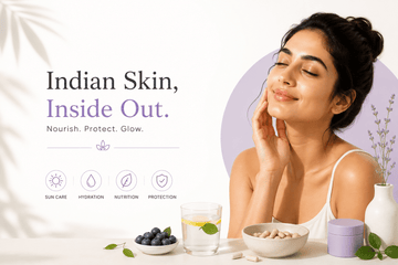 Minimalist Indian skincare banner featuring a South Asian woman with glowing skin, wellness products, and icons for sun care, hydration, nutrition, and protection.