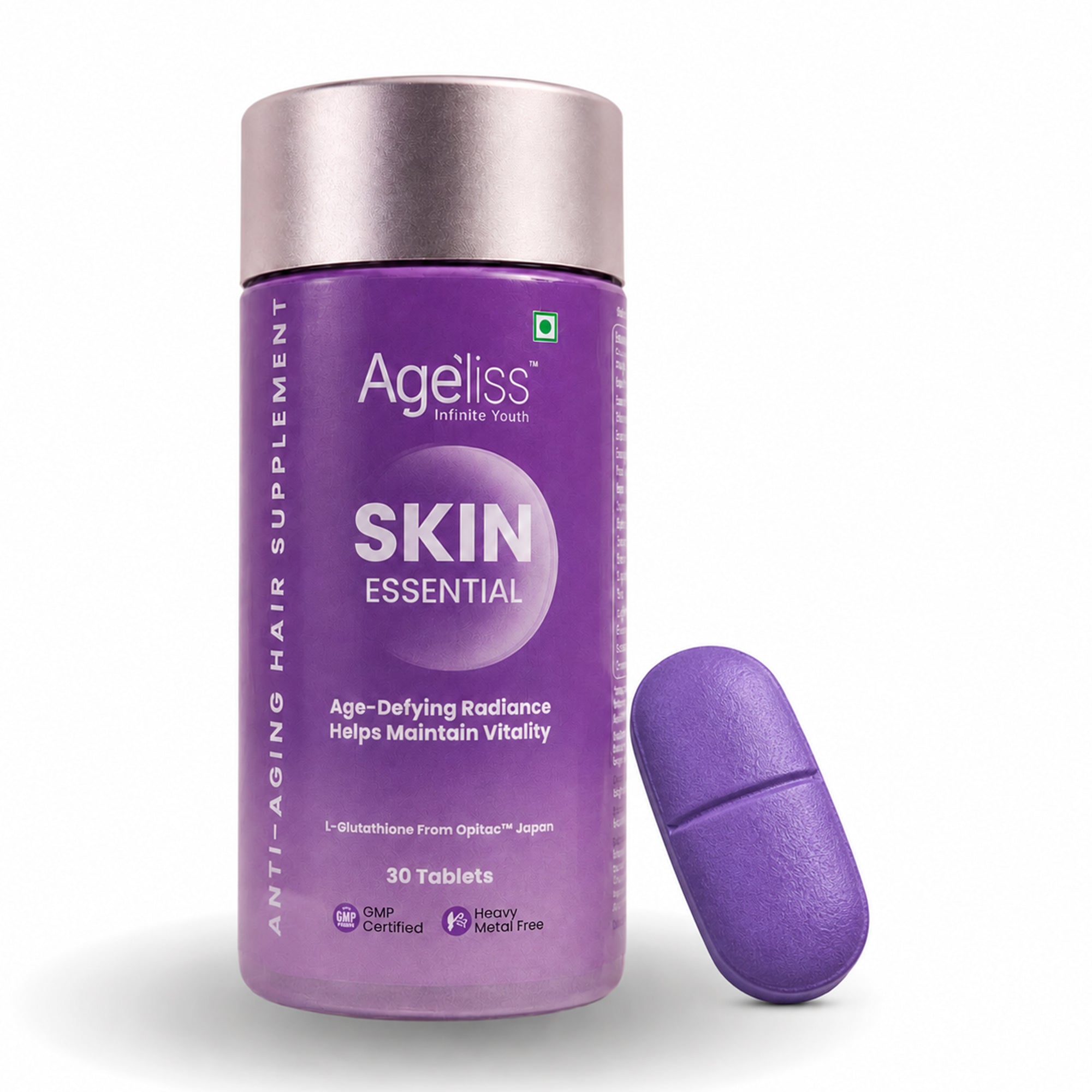 Ageliss Skin Essential anti aging skin supplement bottle and purple tablet for radiant skin vitality.