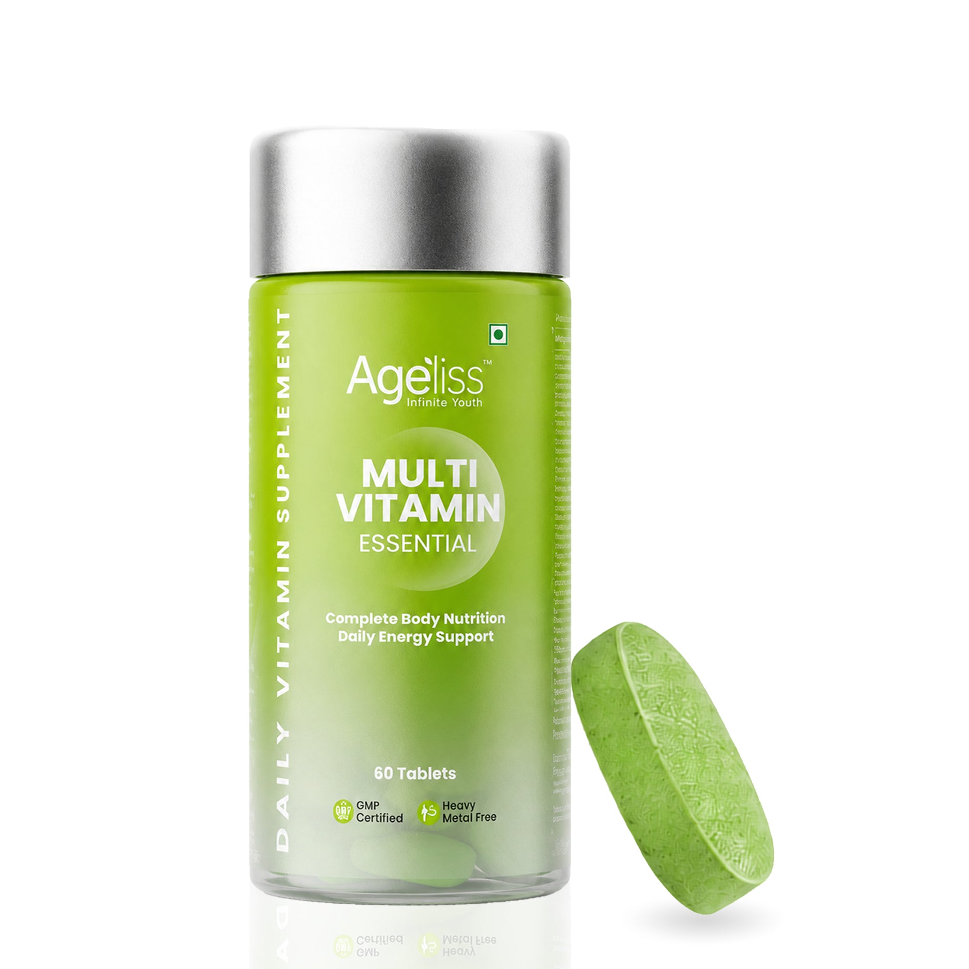 Ageliss green daily multivitamin supplement bottle of 60 tablets with a single green coated tablet beside it.