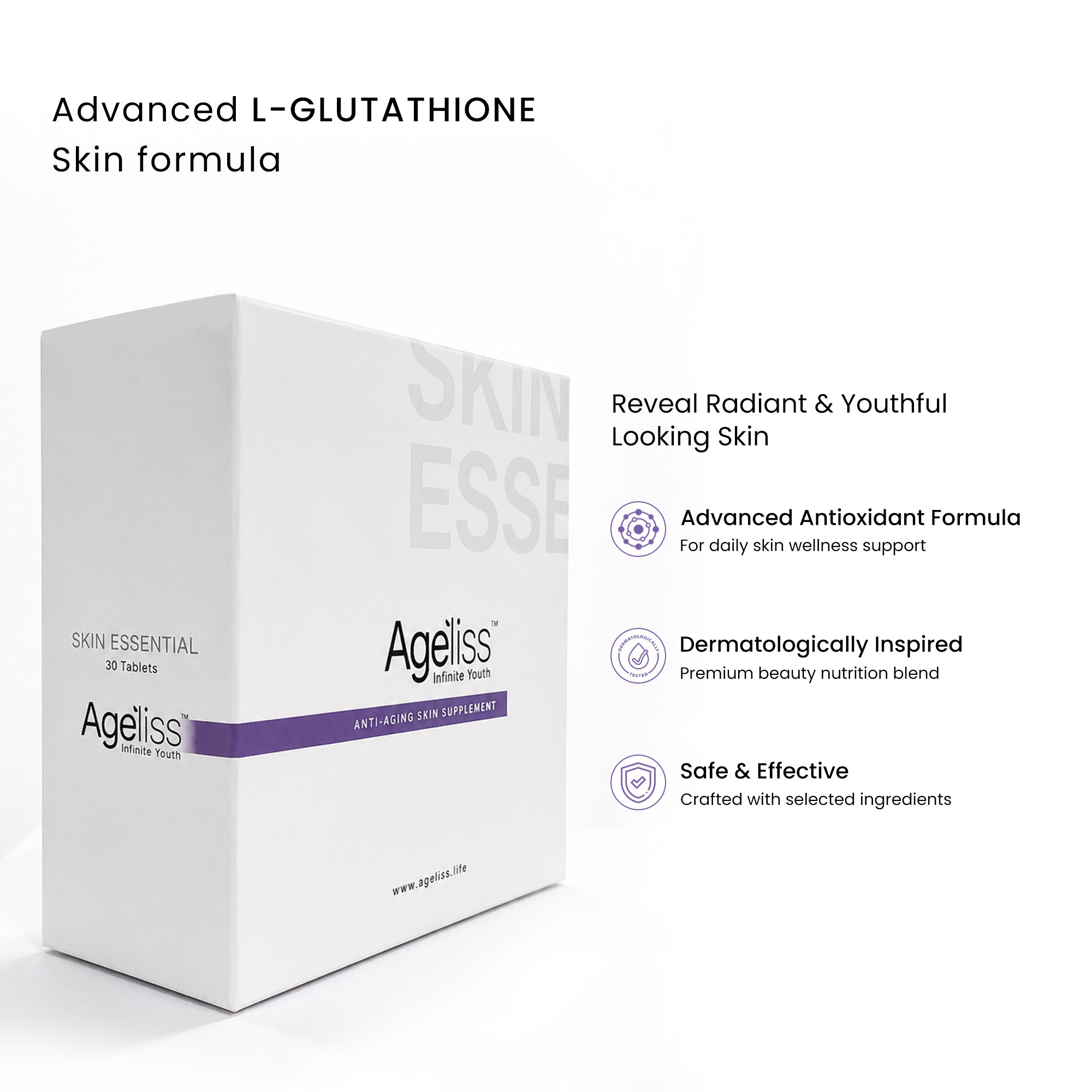 Ageliss Skin Essential anti-aging skin supplement packaging with L-Glutathione antioxidant formula.