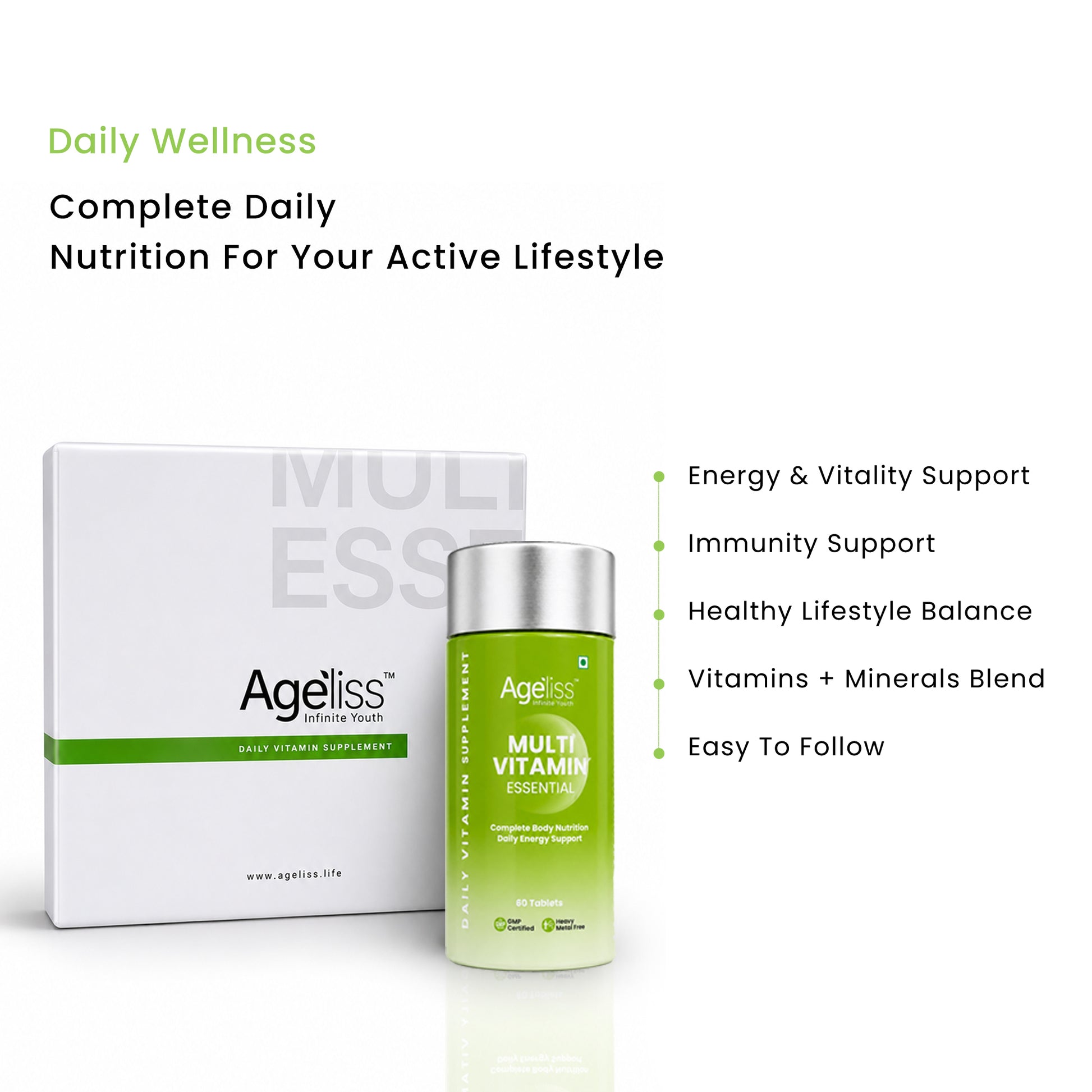 Ageliss daily multivitamin supplement bottle displayed alongside its white luxury packaging box.