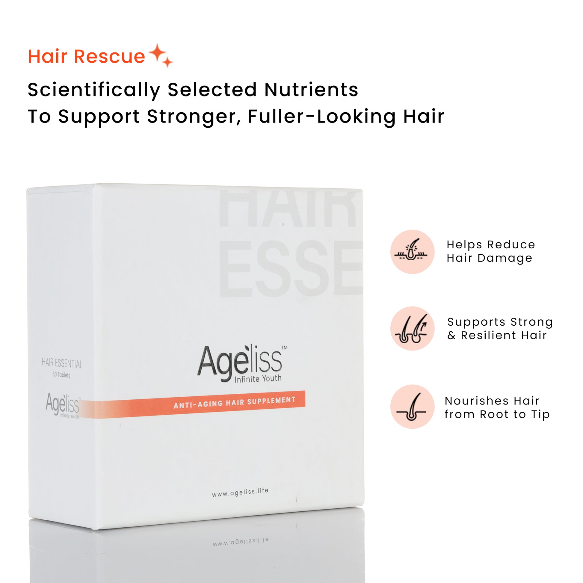 Ageliss Hair Essential box displaying benefits including reduced hair damage and nourishment from root to tip.