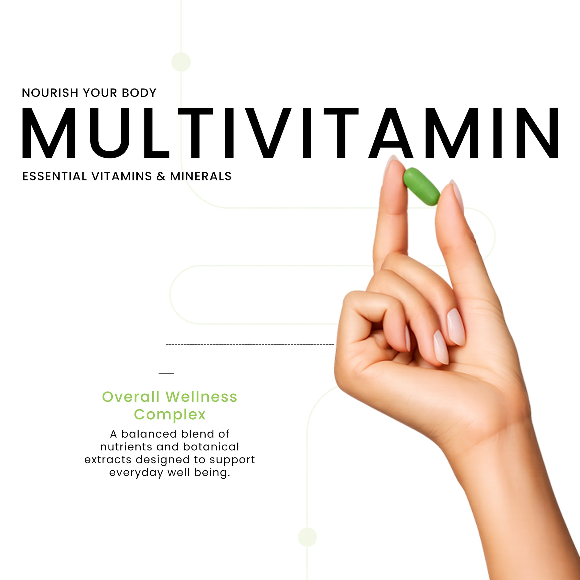 Hand holding a green tablet from the Ageliss daily multivitamin supplement overall wellness complex.
