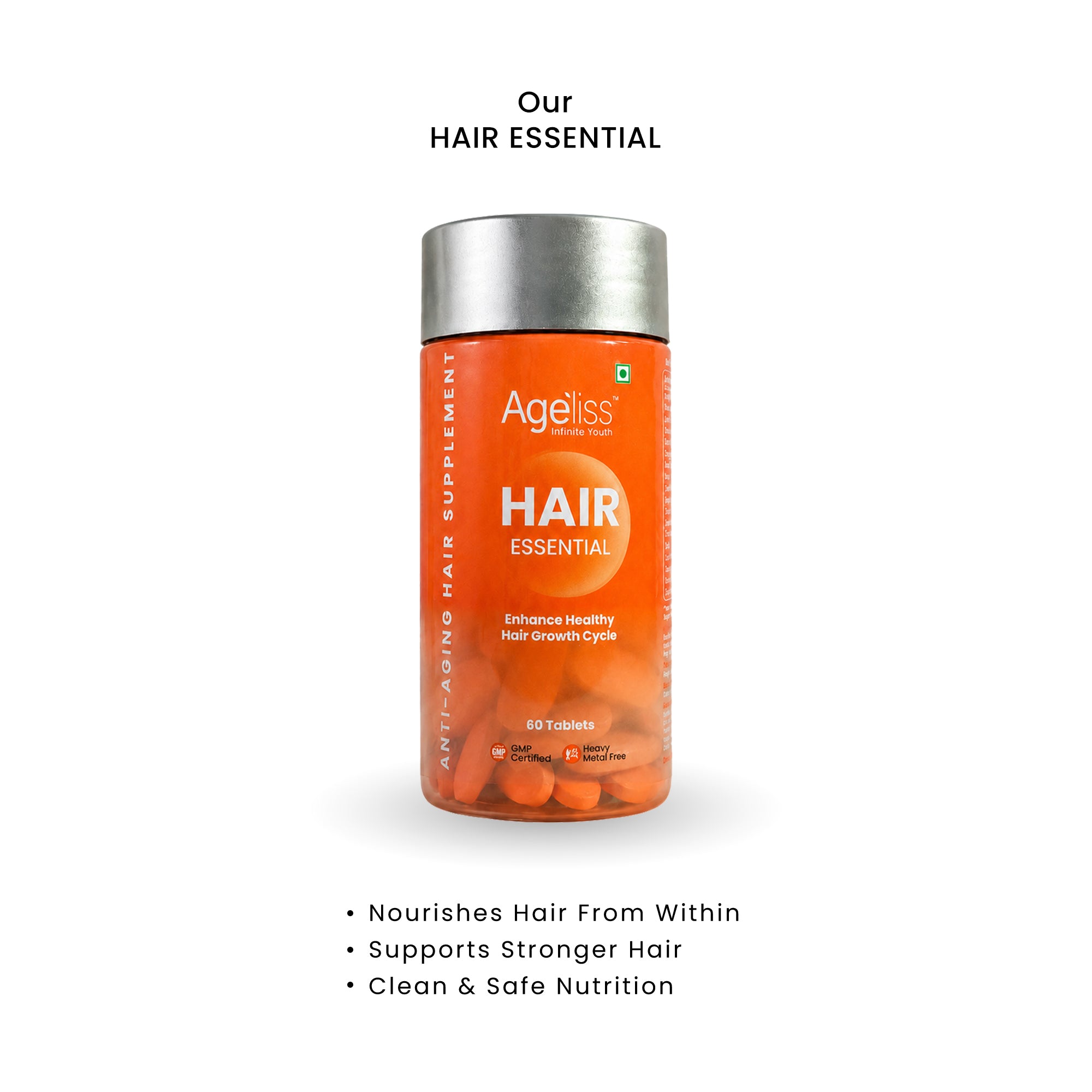 Ageliss Hair Essential hair growth supplement bottle highlighting clean, safe, and root-nourishing hair nutrition.