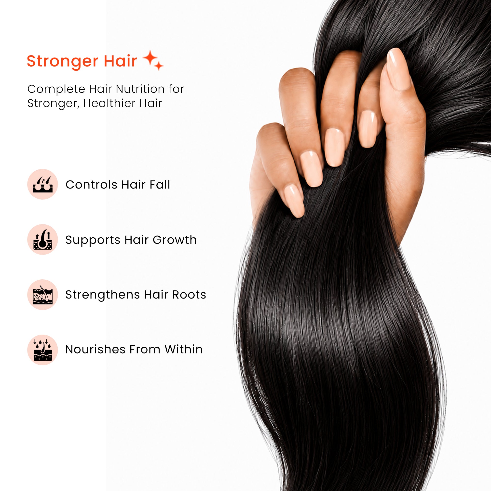 Close-up shot of glossy, healthy long black hair held by hand, demonstrating hair strength and fall control benefits.