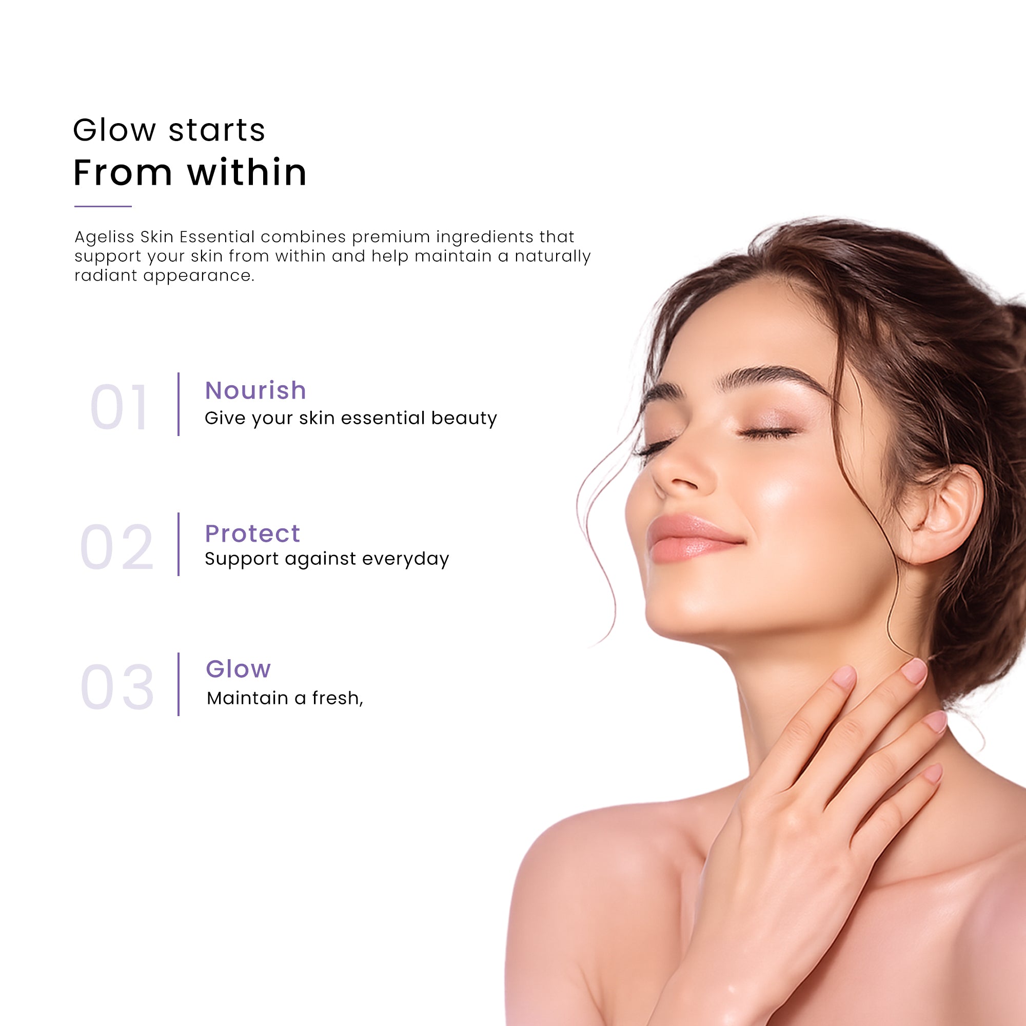 Radiant glowing woman showing results of Ageliss Skin Essential anti-aging skin supplement care.