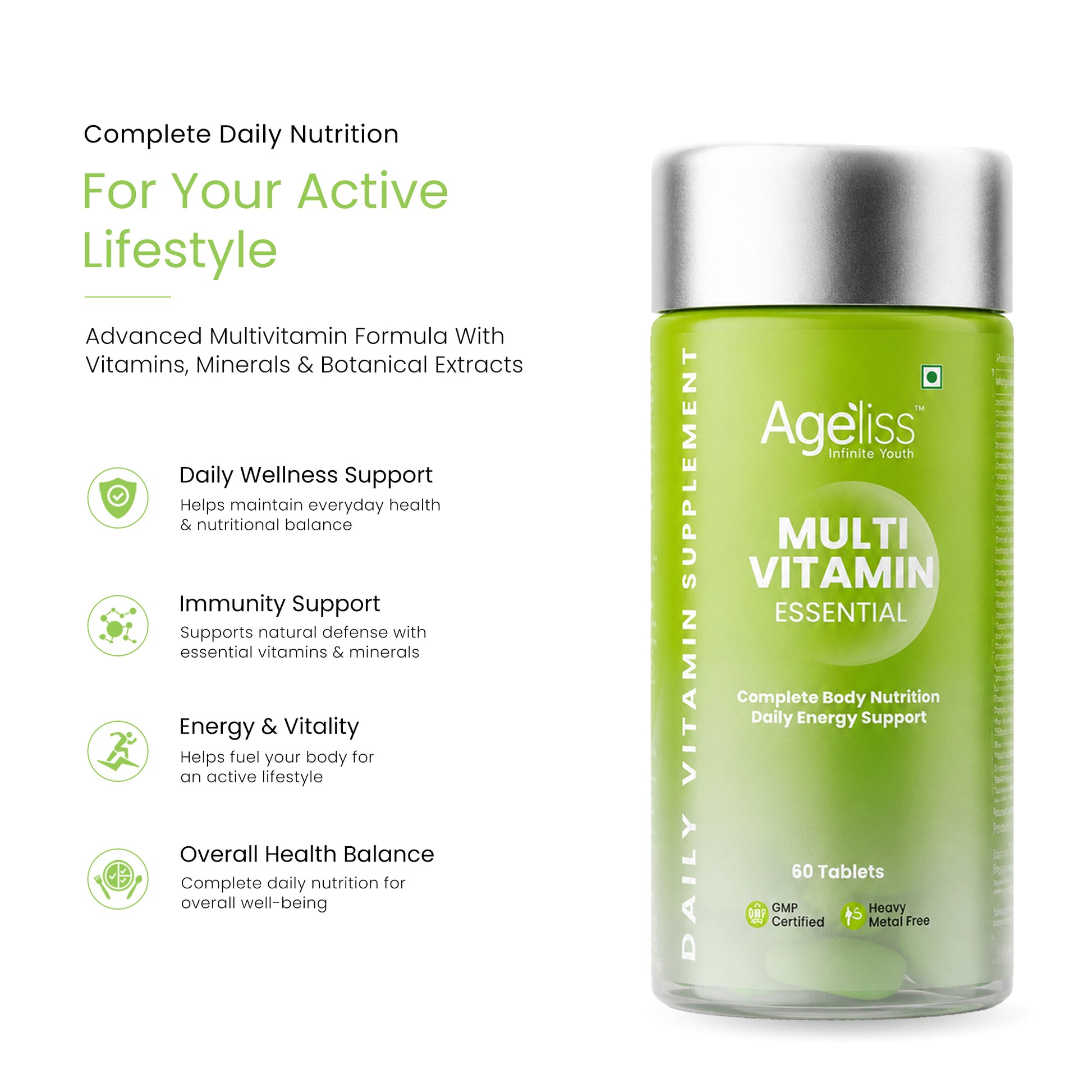 Feature banner for Ageliss daily multivitamin supplement highlighting daily wellness, immunity, and energy support.