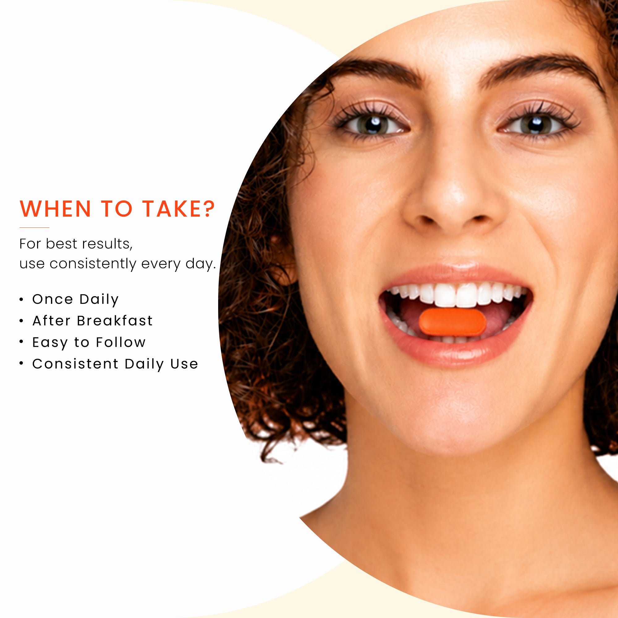Woman placing an orange Ageliss Hair Essential tablet on her tongue with instructions to take once daily after breakfast.