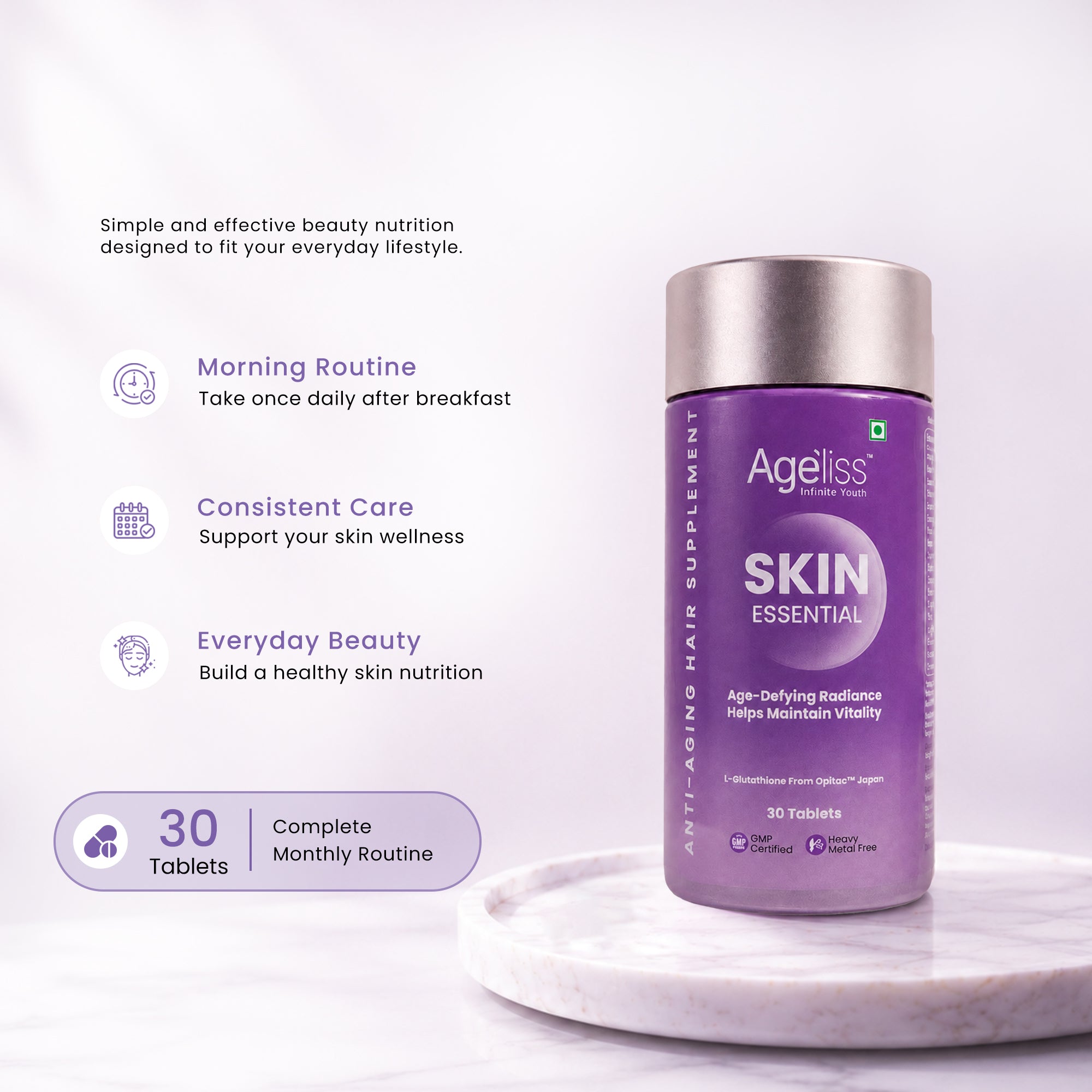 Ageliss Skin Essential 30-tablet anti-aging skin supplement bottle for a daily beauty routine.