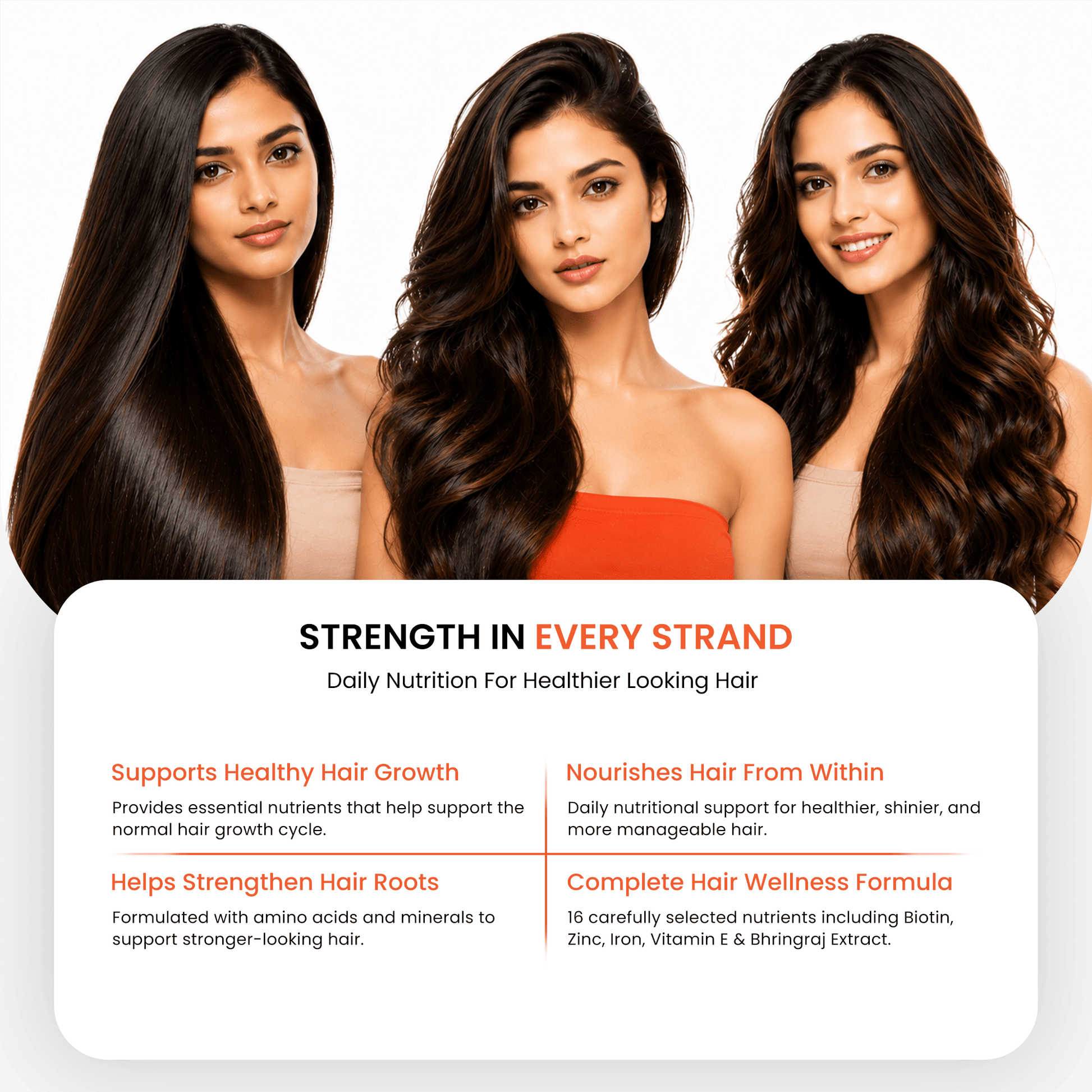 3 women showcasing shiny hair with text highlighting Ageliss Hair Essential 16-nutrient hair wellness formula.