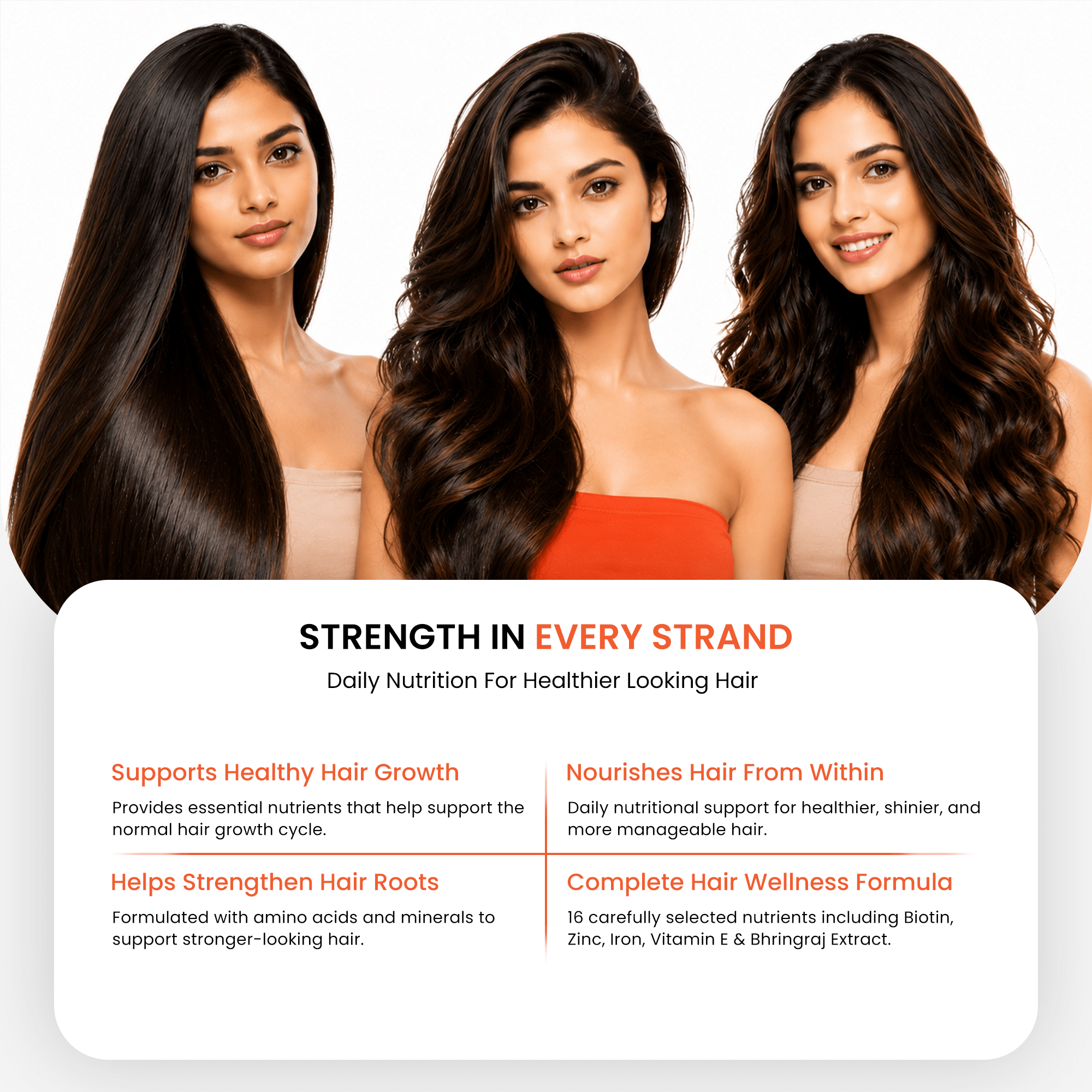 3 women showcasing shiny hair with text highlighting Ageliss Hair Essential 16-nutrient hair wellness formula.