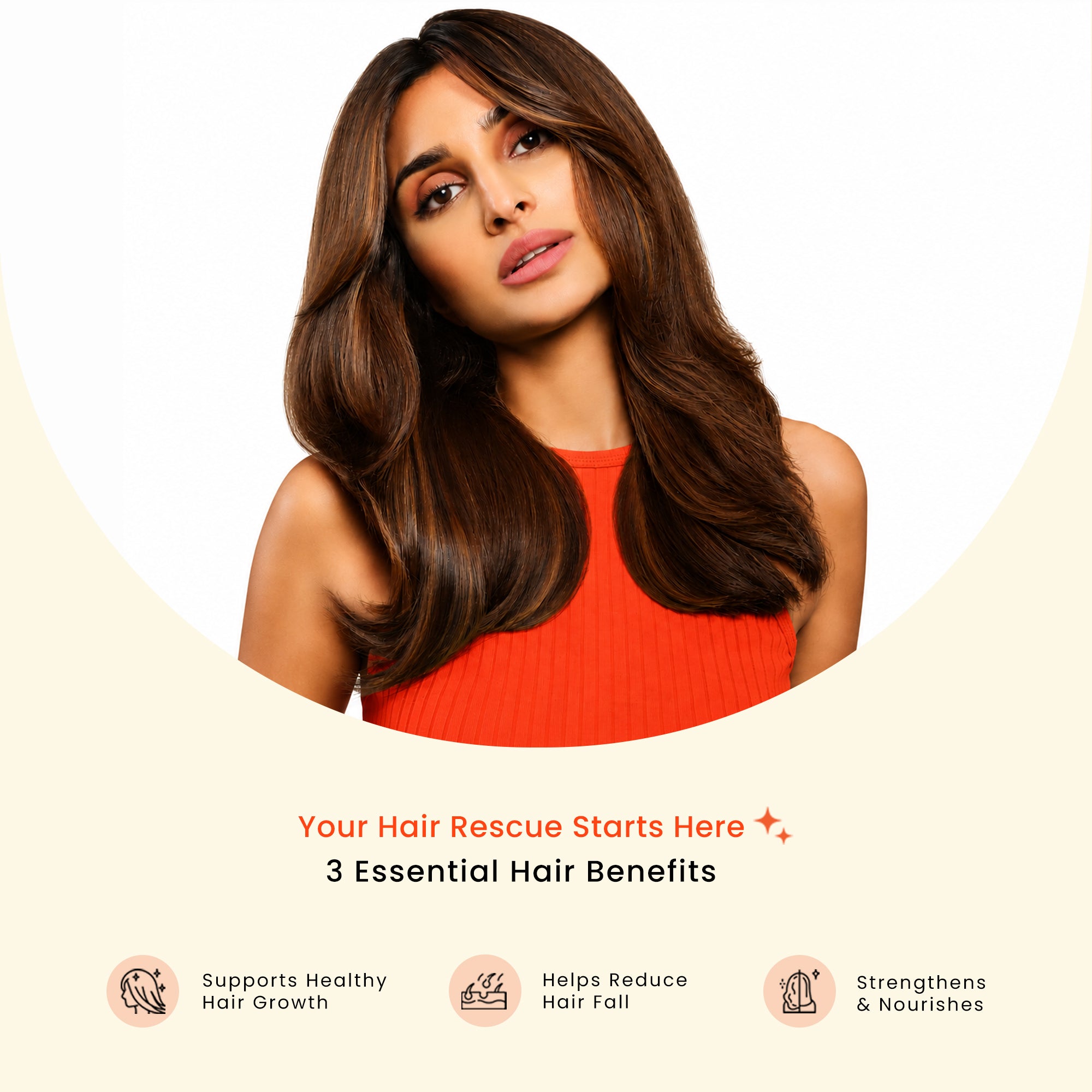 Model with brown hair above text detailing 3 benefits: supports hair growth, reduces hair fall, and strengthens roots.