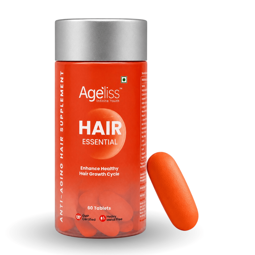 Ageliss Hair Essential anti-aging hair growth supplement bottle with 60 orange tablets and brushed silver cap.