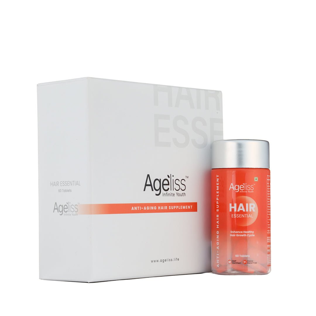 Ageliss Hair Essential anti-aging hair growth supplement white box and translucent orange bottle with silver cap.