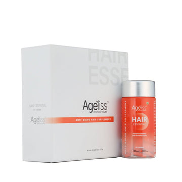 Ageliss Hair Essential anti-aging hair growth supplement white box and translucent orange bottle with silver cap.