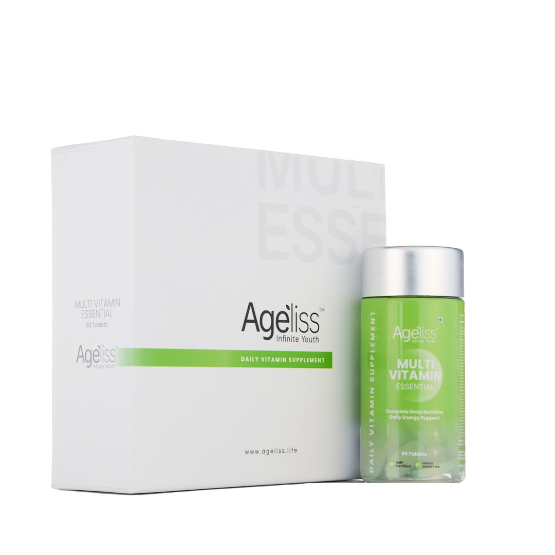 Ageliss daily multivitamin supplement bottle resting against its clean white outer box packaging.