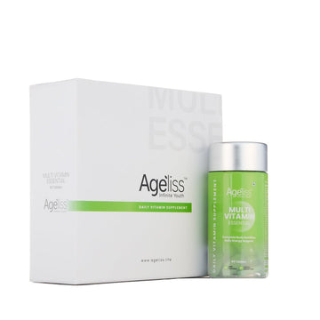 Ageliss daily multivitamin supplement bottle resting against its clean white outer box packaging.