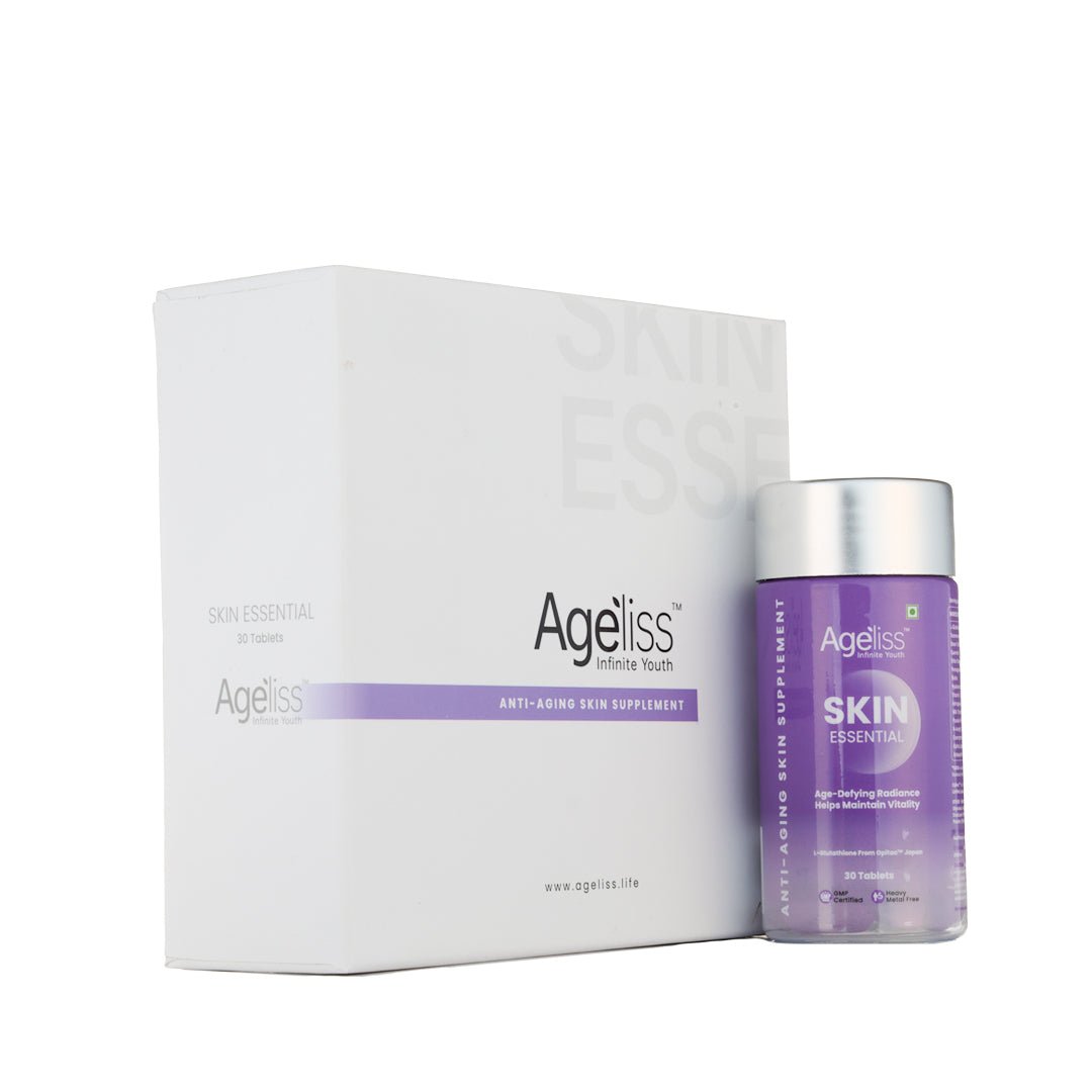 Ageliss Skin Essential anti aging skin supplement white packaging box and purple tablet bottle.