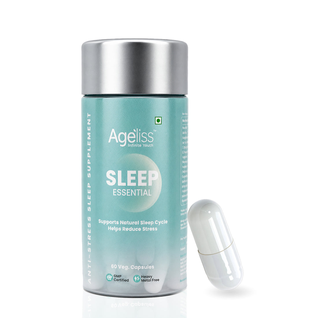 Ageliss Sleep Essential anti-stress sleep supplement box standing next to transparent glass bottle.