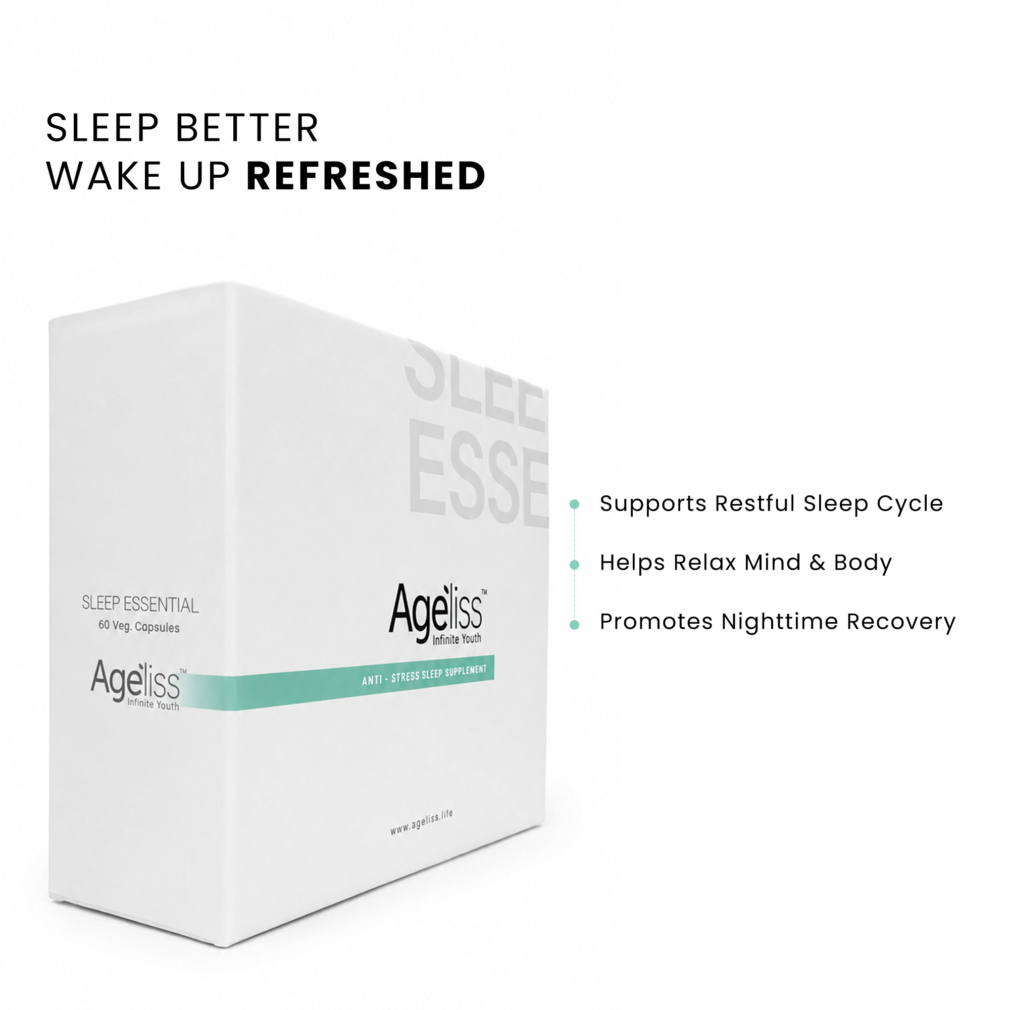 White Ageliss Sleep Essential box displaying natural sleep support supplement benefits.