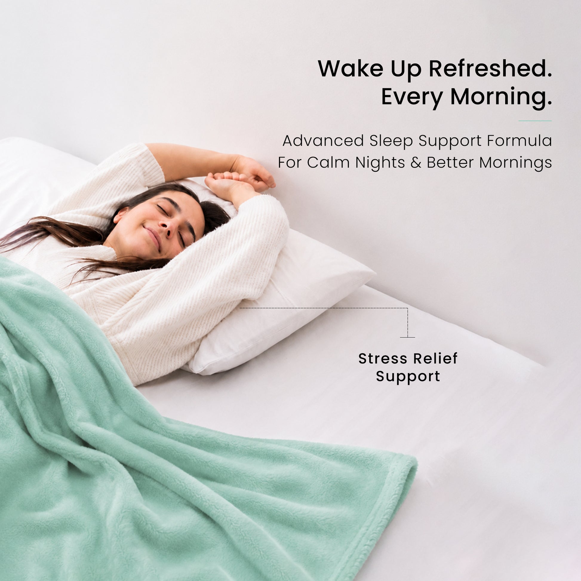 Woman waking up refreshed after using natural sleep support supplement for sleep cycle balance.
