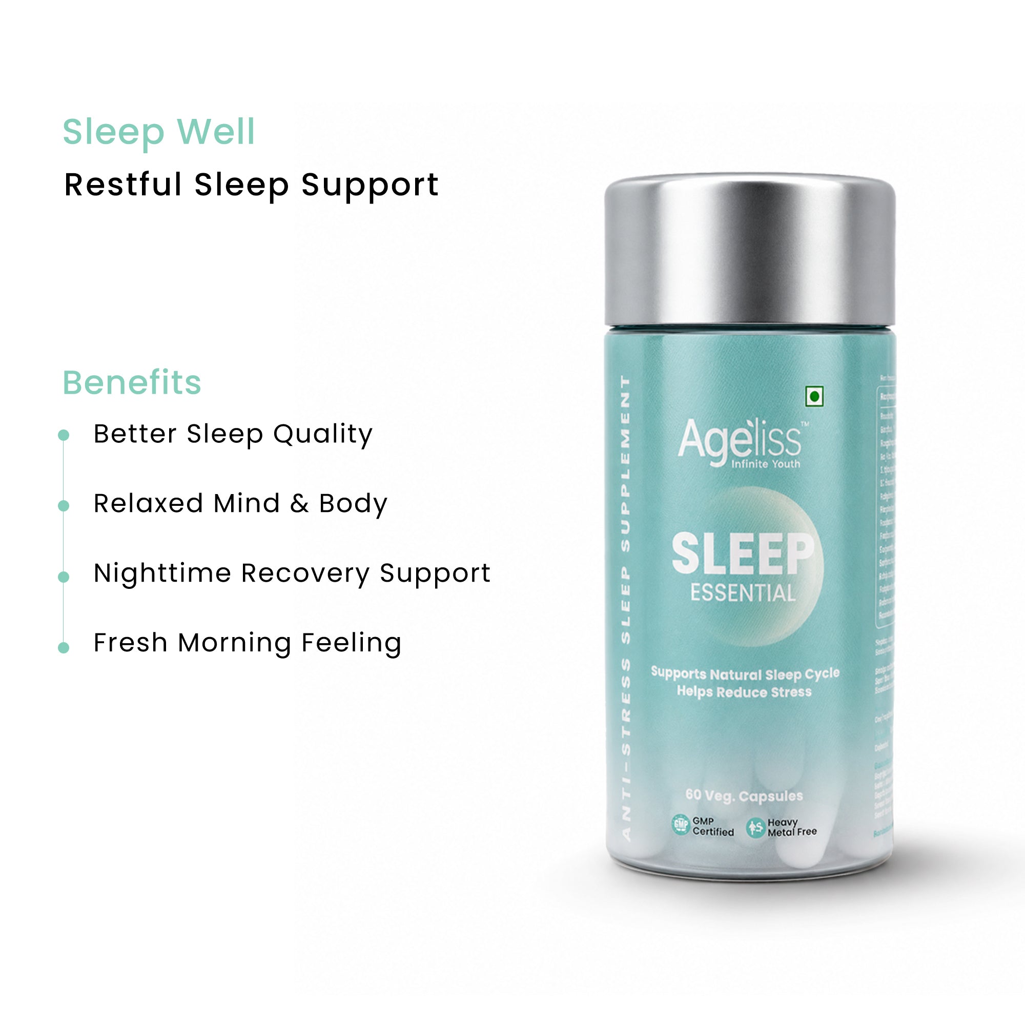 Ageliss Sleep Essential bottle showing benefits to reduce stress and support natural sleep cycle.