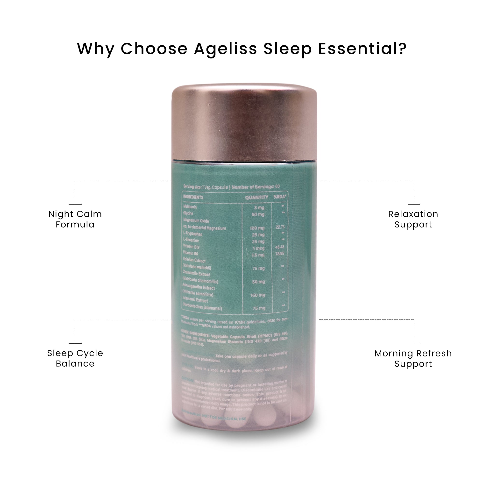 Supplement facts label of Ageliss Sleep Essential anti stress sleep supplement.