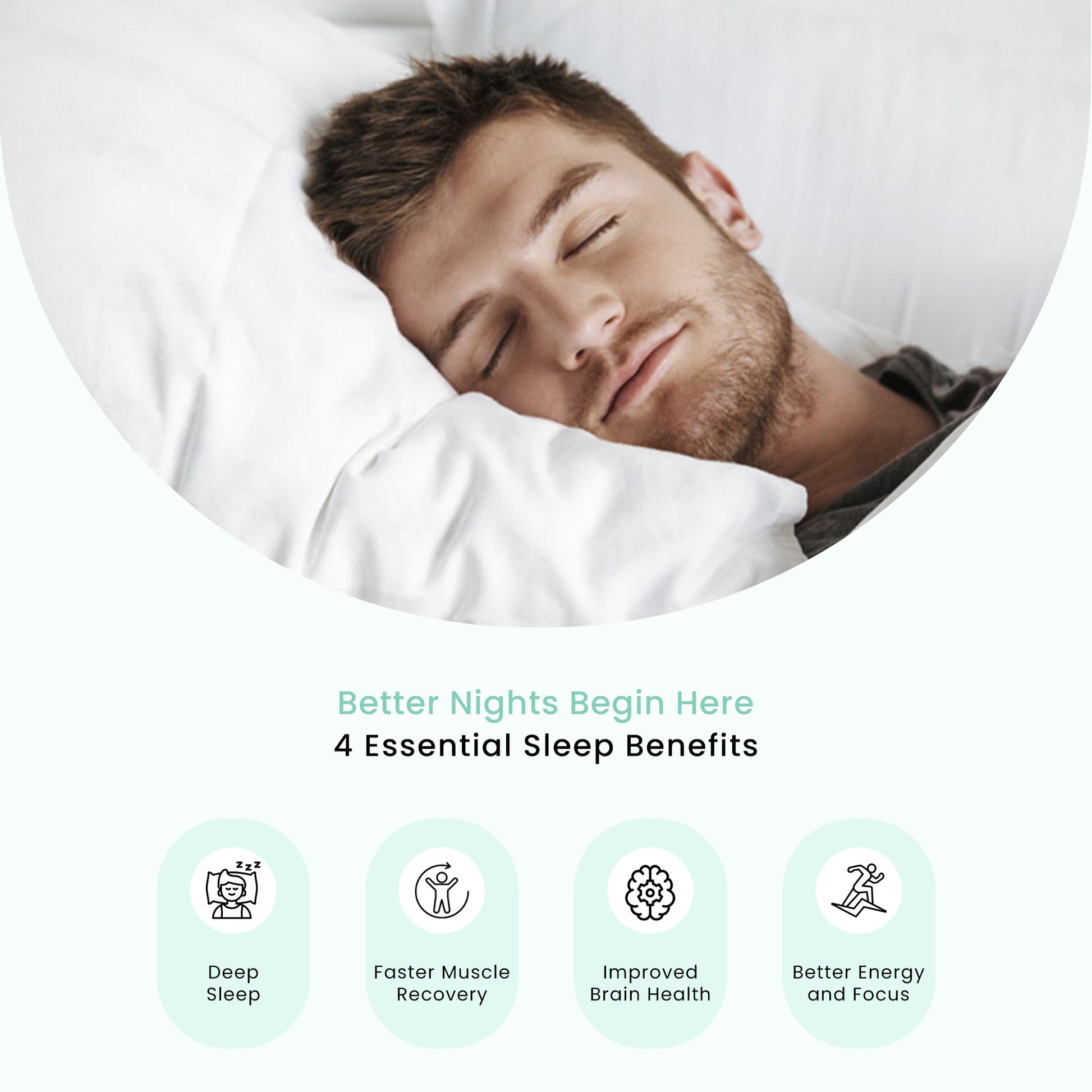 Man sleeping comfortably with icons showing benefits of natural sleep support supplement.