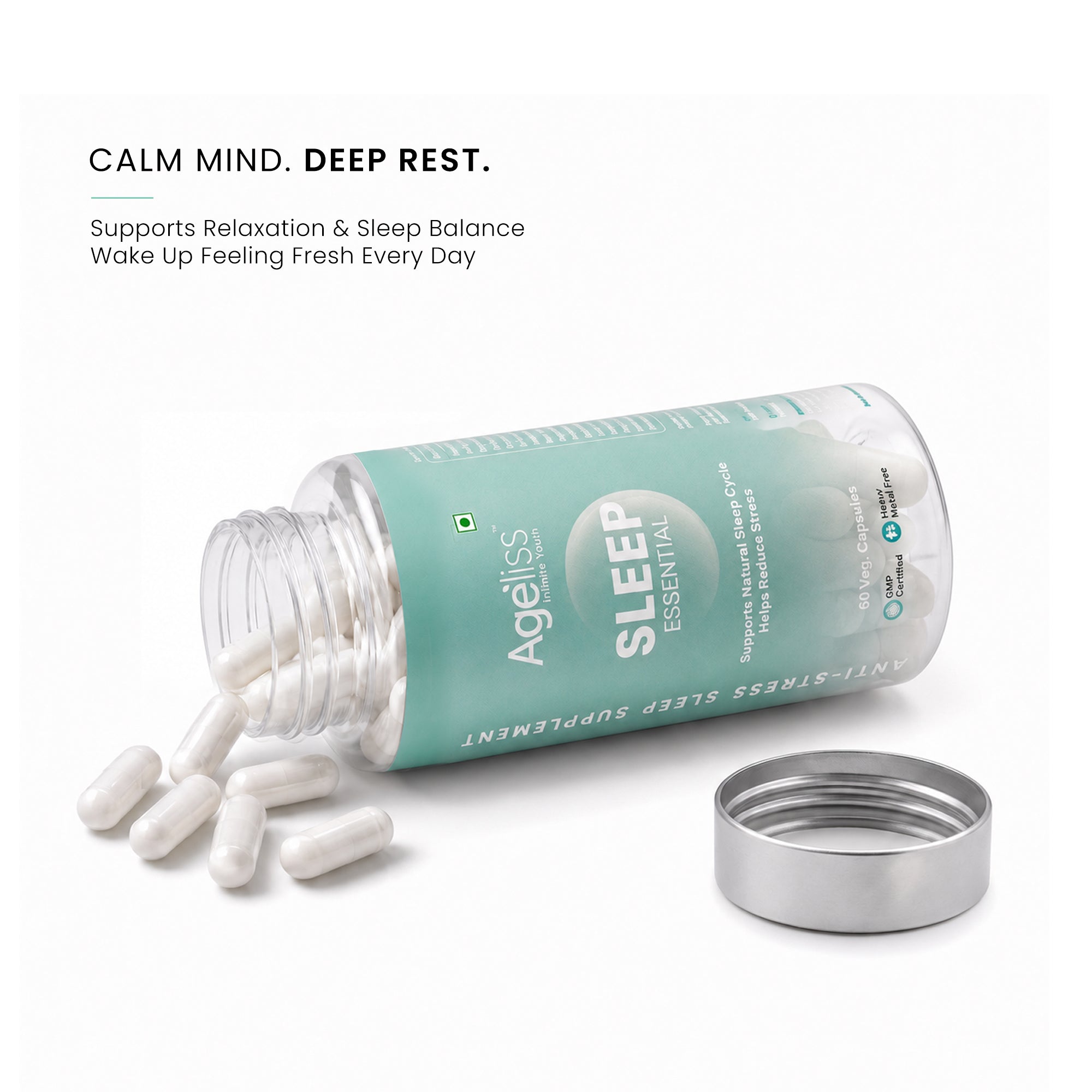 Open bottle of Ageliss Sleep Essential anti stress sleep supplement with spilled capsules.