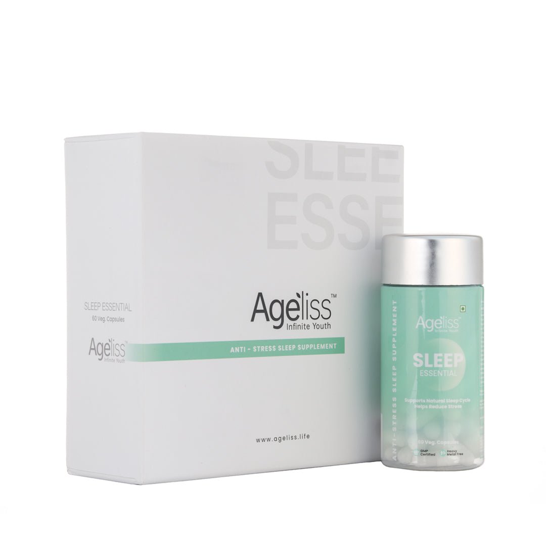 Ageliss Sleep Essential anti-stress sleep supplement box standing next to transparent glass bottle.
