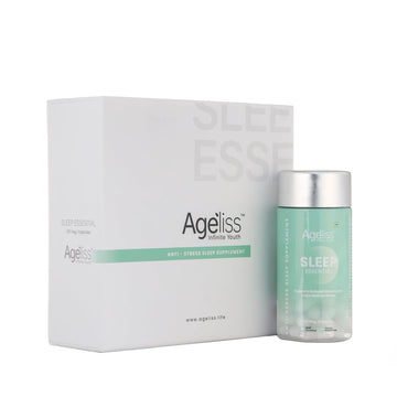 Ageliss Sleep Essential anti-stress sleep supplement box standing next to transparent glass bottle.